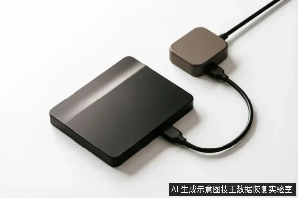 白色背景下,一个黑色长方形移动硬盘通过数据线连接至一个棕色方形转接适配器,展示了设备的外部物理连接状态。