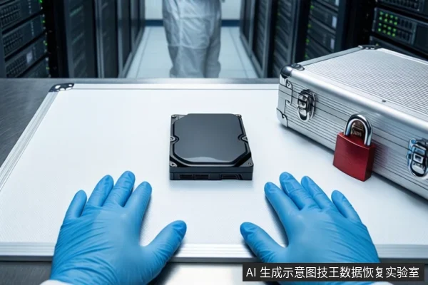 洁净室白色桌面上,前景一双戴蓝色手套的手平放。中间平放一块黑色机械硬盘,右侧为挂有红色挂锁的银色金属防震箱。背景为模糊的服务器机柜和一名穿无尘服的技术人员。