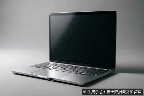 一台银灰色笔记本电脑呈半开状态放置在纯色背景上,屏幕处于黑屏关闭状态,机身侧面可见接口,整体画面简洁,无屏幕文字或操作细节。