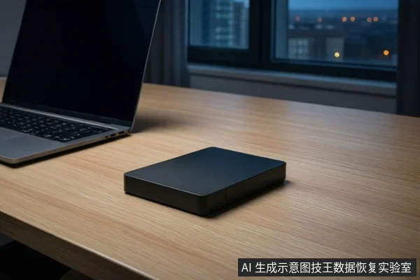 木质桌面上放置一台打开的黑屏笔记本电脑,旁边平放一个黑色移动硬盘。背景为模糊的窗户和城市夜景。