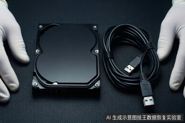 深色桌面上,左侧平放一块闭合的黑色机械硬盘,右侧盘绕着一根黑色USB数据线。前景一双戴白手套的手悬停在两侧,未接触设备。
