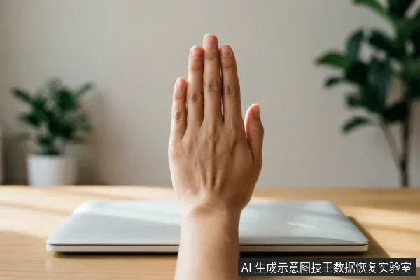 一只手掌在闭合的笔记本电脑前竖起,做出明确的停止手势。背景为模糊的室内桌面与绿植,画面传达出紧急暂停、禁止操作及保护原始状态的视觉含义。