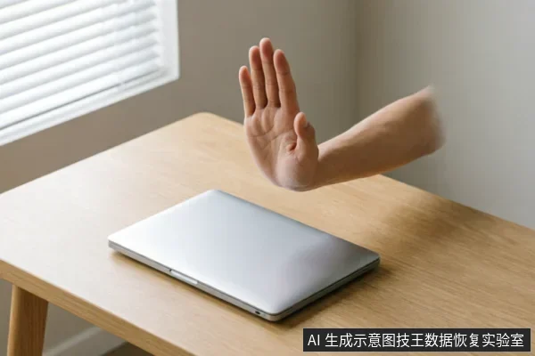 一只悬空的手掌在闭合的笔记本电脑上方做出明确的停止手势,示意拒绝操作或立即中断。画面背景简洁,仅包含木质桌面和百叶窗,无其他干扰元素。
