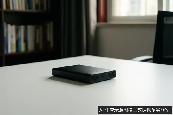 白色桌面上放置一个黑色移动硬盘,背景为书架和窗户。