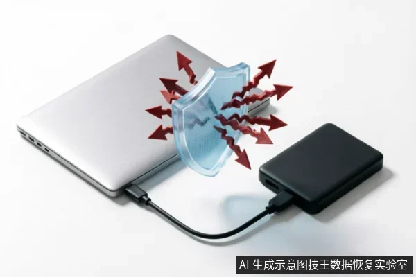 一台银色笔记本电脑通过USB数据线连接黑色移动硬盘,两者之间悬浮着一个半透明蓝色盾牌,正阻挡并弹开多个红色箭头,象征数据连接的安全防护或防火墙拦截。