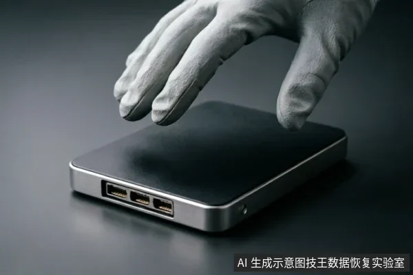 一只戴着白色防护手套的手悬停在一台黑色金属外壳的移动硬盘上方，硬盘侧面可见USB及视频接口，背景为深灰色。