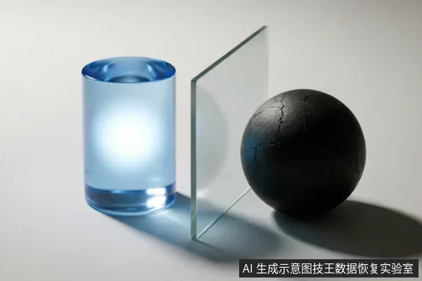 画面展示了三个物体:左侧是一个发光的蓝色圆柱体,中间竖立着一块透明玻璃板,右侧是一个表面有裂纹的黑色球体。玻璃板将发光体与黑球隔开,形成视觉上的阻隔与对比。