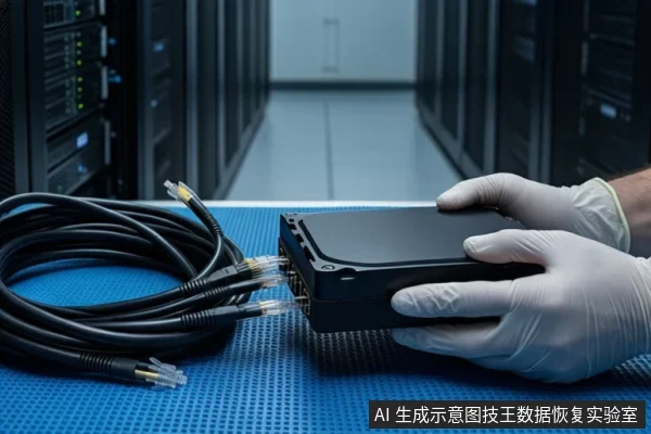 蓝色防静电垫上,一双戴白色手套的手握持一个黑色硬盘盒,左侧放置一卷黑色网线,背景为模糊的服务器机柜。