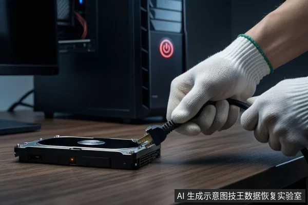 木质桌面上，戴白手套的双手持黑色数据线插头，正对准平放的黑色机械硬盘接口。背景竖立一台亮着红色电源按钮的黑色塔式主机。