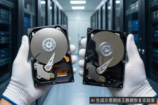 机房走廊背景前,一双戴白色手套的手分别握持两块打开外壳的机械硬盘,展示其盘片与磁头组件。