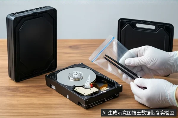 木质桌面上平放一块打开外壳的机械硬盘,可见盘片与磁头组件。右侧一双戴白色手套的手正握持黑色镊子和一个透明自封袋。左侧和后方各放置一个闭合的黑色防震箱。