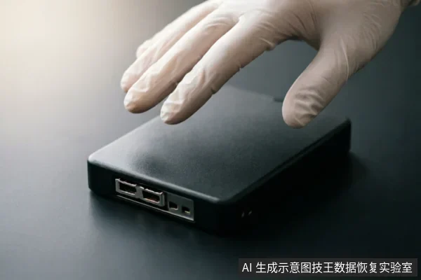 一只戴着白色防护手套的手悬停在一个黑色移动硬盘上方,设备侧面清晰可见USB接口,背景简洁深色,表现出对存储设备进行专业检查或谨慎操作的场景。