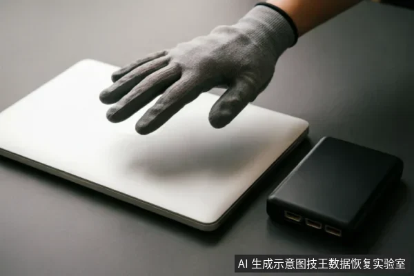 一只戴着灰色防静电手套的手悬停在闭合的银色笔记本电脑上方,旁边放置着一个黑色的外接移动硬盘。画面展示了专业维修或数据恢复场景中对硬件设备的规范操作与防护状态。