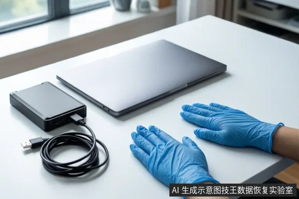 白色桌面上,左侧平放一个黑色移动硬盘,通过USB线缆连接至右侧的银色笔记本电脑。前景一双戴蓝色手套的手平放在桌面上,掌心朝外。