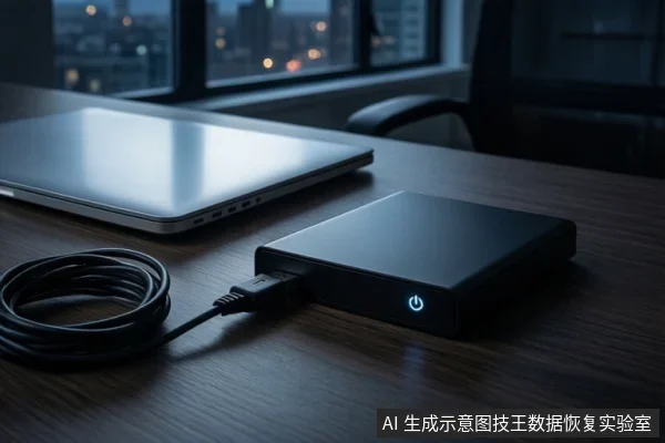 深色木桌上平放一个黑色外接硬盘盒,正面亮着蓝色电源指示灯。左侧有一台银色笔记本电脑,屏幕关闭。前景有一根盘绕的黑色USB线缆,一端连接硬盘盒。背景是模糊的城市夜景窗户。
