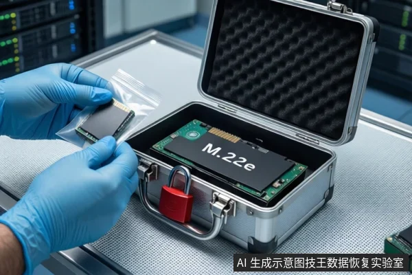 白色防静电工作台上,中间为打开的银色金属防震箱,箱内平放一块M.2固态硬盘,箱前挂有红色挂锁。左侧一双戴蓝色手套的手正持握一个装有固态硬盘的透明防静电袋,背景可见服务器机柜。