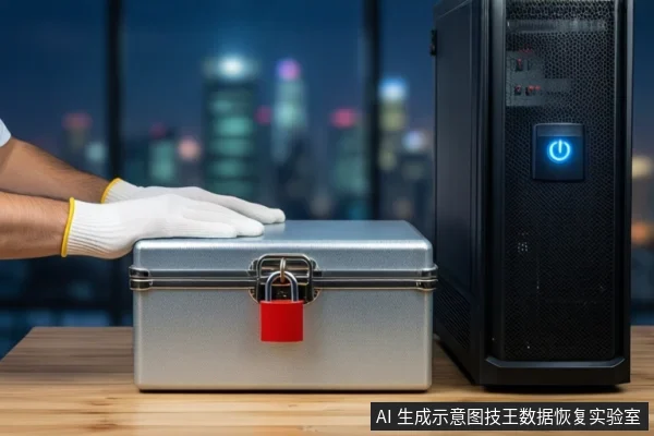 木质桌面上，戴白手套的双手平放在一个闭合的银色金属防震箱上，箱体挂有红色挂锁。右侧竖立一台亮着蓝色电源按钮的黑色塔式主机，背景为模糊的城市夜景。