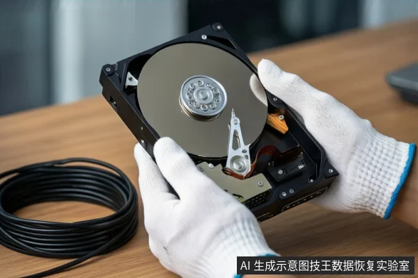 木质桌面上,戴白手套的双手正持握一块打开外壳的机械硬盘,露出盘片与磁头组件。左侧盘绕着一根黑色数据线,背景为模糊的室内环境。