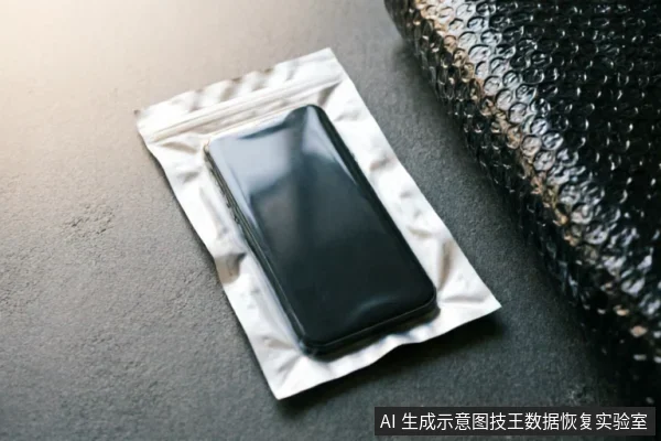 一部黑色智能手机被平放入银色防静电屏蔽袋中,旁边放置着黑色的气泡缓冲包装材料。画面展示了设备寄修前的物理防护与打包状态,体现了安全交付流程中的防震与静电隔离措施。