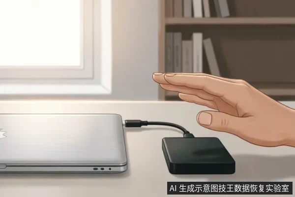 画面展示了一台银色笔记本电脑通过数据线连接着一个黑色的外接存储设备，一只手悬停在设备上方，示意连接状态或准备操作。背景为明亮的窗边和书架，环境整洁。