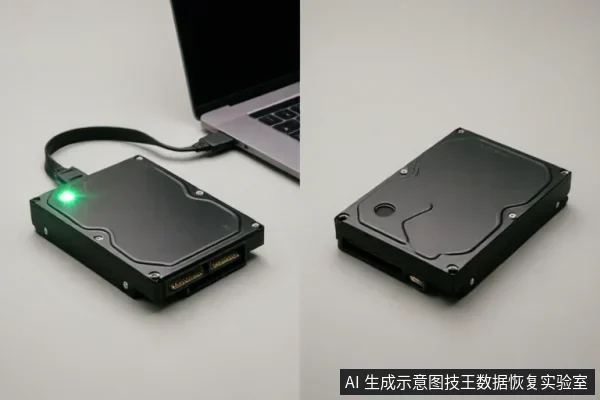 图片展示了一块连接着数据线的机械硬盘,左侧画面中硬盘亮着绿色指示灯并连接至笔记本电脑,右侧展示了硬盘背面的SATA接口与供电口细节。