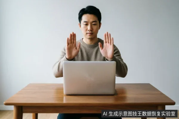 一名男子坐在木桌前,面对一台打开的笔记本电脑,双手举起掌心向外做出明确的停止手势,示意暂停或禁止操作。