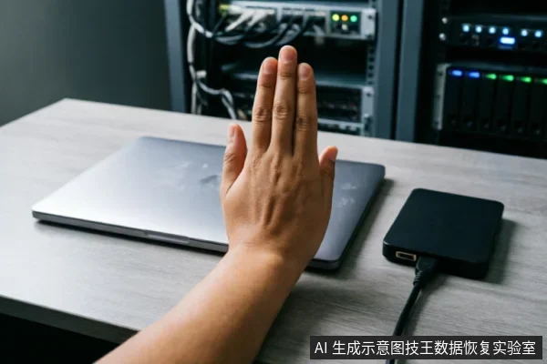一只手掌在闭合的笔记本电脑前做出停止手势,旁边连接着黑色移动硬盘,背景为服务器机柜。画面直观传达在数据恢复过程中遇到异常时应立即停止操作、切断电源或避免进一步干预的核心原则。