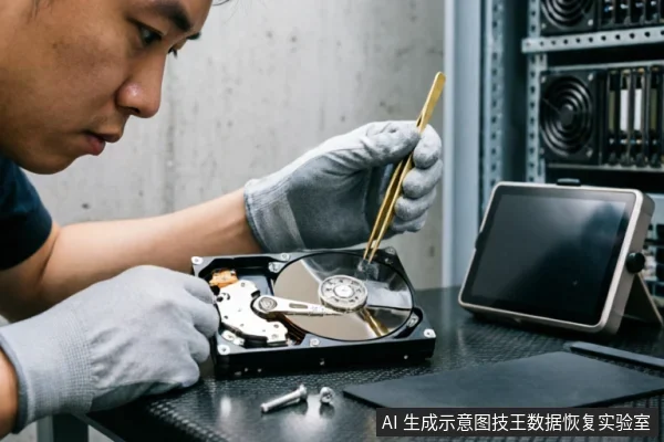 一名佩戴灰色防静电手套的技术人员,正使用金色镊子精细操作已拆解的机械硬盘内部组件。工作台上放置有平板电脑、螺丝及黑色垫布,背景可见服务器机柜设备,展现了专业数据恢复或硬件维修场景。