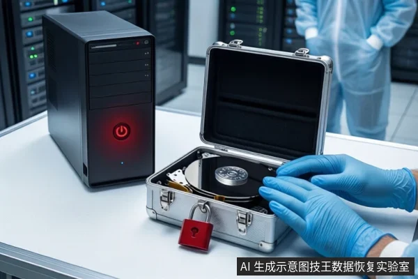 洁净室白色桌面上,戴蓝色手套的双手正悬停在打开的银色金属防震箱上方,箱内平放一块裸露机械硬盘,箱体挂有红色挂锁。左侧竖立一台亮着红色电源按钮的黑色塔式主机,背景为模糊的服务器机柜和穿无尘服的技术人员。