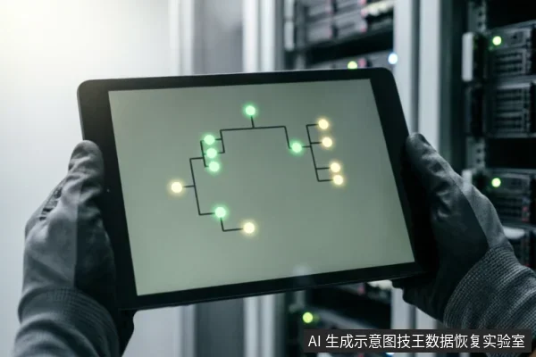 戴着防静电手套的双手在服务器机柜背景前持握平板电脑,屏幕显示带有绿色和黄色光点的树状网络拓扑结构图,示意对存储设备连接状态或逻辑结构的检测与识别过程。