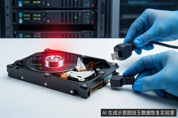白色桌面上平放一块打开外壳的机械硬盘,盘片上方有红色光效。右侧一双戴蓝色手套的手持USB接头靠近硬盘接口,背景为模糊的服务器机柜。