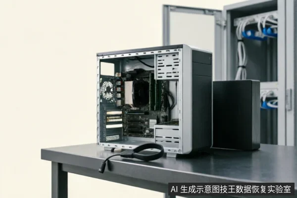 一张放置在金属工作台上的敞开式电脑主机，侧板已移除，清晰展示内部主板、散热风扇及线缆结构。主机旁立着一个黑色长方体存储设备，背景为模糊的服务器机柜，呈现硬件故障排查或数据恢复实验室的场景。