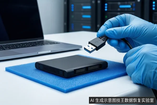 白色桌面上，左侧有一台打开的银色笔记本电脑，中间蓝色泡沫垫上平放一个黑色外接硬盘盒。右侧一双戴蓝色手套的手正持握一个黑色USB闪存盘。背景为模糊的服务器机柜。
