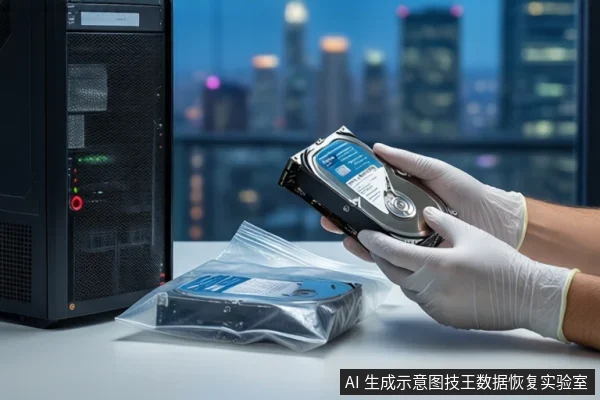 戴白手套的双手在桌面上持握一块机械硬盘，旁边透明袋内装有另一块硬盘，左侧为黑色塔式主机，背景为模糊城市夜景。