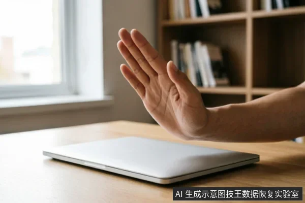 一只手掌在闭合的笔记本电脑前做出明确的停止手势,示意拒绝操作或暂停。背景为模糊的书架和窗户,光线明亮。画面直观传达了“禁止写入”、“立即停止使用”或“保护现状”的含义,契合数据恢复前需冻结介质状态、避免任何新写入操作的核心原则。