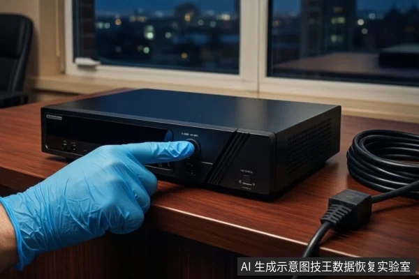 深色木桌上平放一台黑色硬盘录像机,一只戴蓝色手套的手正按压其正面按钮,右侧盘绕一根黑色线缆,背景为模糊的城市夜景窗户。