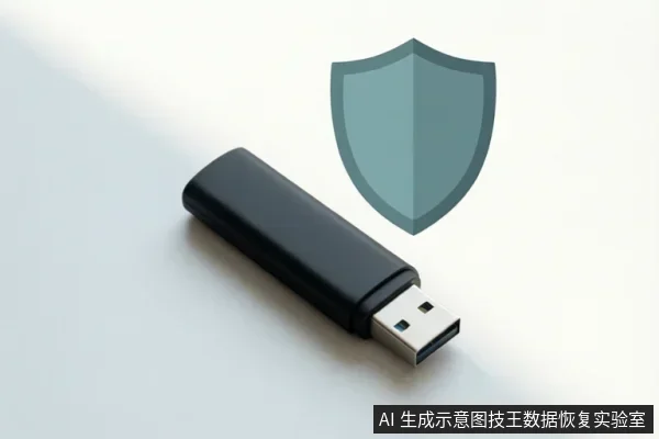 白色背景上斜放一个黑色U盘,右上方有一个蓝绿色盾牌图标。