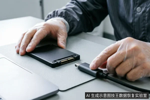 画面中一双戴着透明防护手套的手正在操作一块裸露的机械硬盘,右手正持有一根USB转SATA数据线准备连接硬盘接口,左侧可见笔记本电脑边缘。该场景展示了数据恢复过程中将硬盘连接至读取设备的标准物理操作步骤。