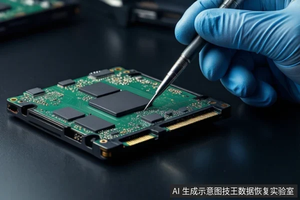 深色桌面上平放一块绿色PCB闪存设备,前景一只戴蓝色手套的手持金属探针接触芯片表面,背景为模糊的实验室设备。