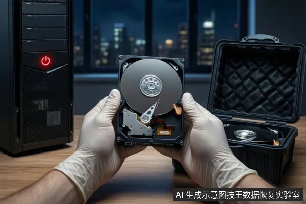 木质桌面上，前景一双戴白手套的手持握一块打开外壳的机械硬盘，露出盘片与磁头组件。左侧竖立一台黑色塔式主机，电源按钮亮红灯。右侧黑色防震箱打开，箱内固定另一块硬盘。背景为模糊的城市夜景。