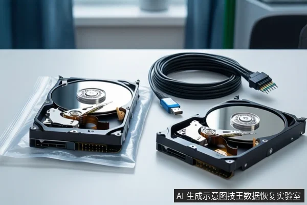 白色桌面上平放两块打开外壳的机械硬盘,左侧硬盘置于透明防静电袋内,上方盘绕一根黑色SATA数据线,两端接头清晰可见。背景为模糊的窗户和深色窗帘。