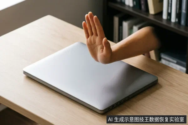 一只手掌从书架方向伸出,在闭合的笔记本电脑上方做出明显的“停止”手势,示意拒绝操作。画面通过肢体语言直观传达出在设备出现异常时应立即停止写入、暂停使用并保护原始介质的核心原则。