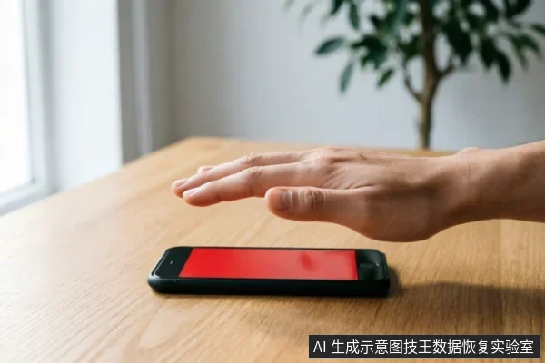 一只手掌悬停在平放于木质桌面上的智能手机上方,手机屏幕显示为纯红色,背景模糊可见绿植。画面示意在设备出现硬件故障或警告时,用户应停止操作、远离设备的紧急止损状态。