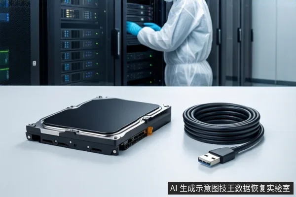 画面上方为洁净室环境，一名穿无尘服的技术人员正在操作服务器机柜；下方白色桌面上平放一块闭合的黑色机械硬盘，右侧盘绕着一根黑色USB数据线。