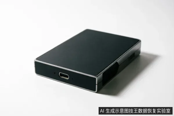 一个黑色的长方体外部存储设备(如移动硬盘盒)放置在白色背景上,侧面清晰可见USB-C接口及散热格栅结构。