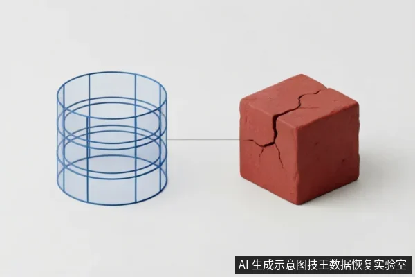 画面左侧为一个蓝色线框圆柱体,右侧为一块表面带有裂纹的红色方块,两者之间由一条细线连接。该图像通过抽象几何图形对比,示意存储介质在逻辑结构(圆柱)与物理实体(方块)之间的关联及潜在损伤状态。