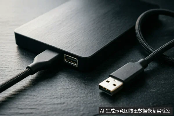 黑色金属外壳的移动硬盘通过USB数据线连接,旁边放置着另一端的USB接口特写。画面聚焦于外部接口与线缆连接状态,背景为深色纹理表面,无内部结构展示。