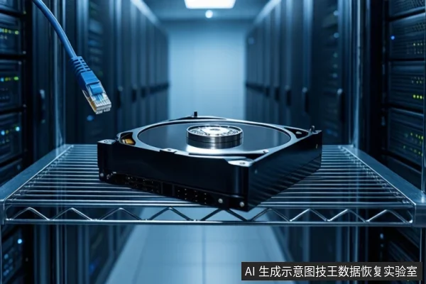服务器机房通道内的金属网格架上平放一块打开外壳的机械硬盘,可见盘片与主轴。左上方悬空一根蓝色网线,背景为两侧机柜。