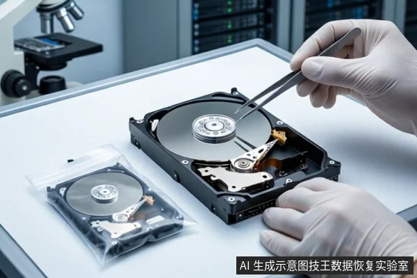 白色实验台上,一双戴白手套的手正用镊子操作一块打开外壳的机械硬盘,左侧防静电袋内装有另一块硬盘,背景可见显微镜和服务器机柜。