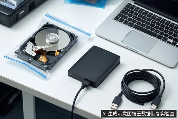 白色桌面上,左侧透明防静电袋内装有一块机械硬盘,中间平放一个黑色外接硬盘盒,右侧有一台银色笔记本电脑,前景盘绕一根黑色USB线缆。
